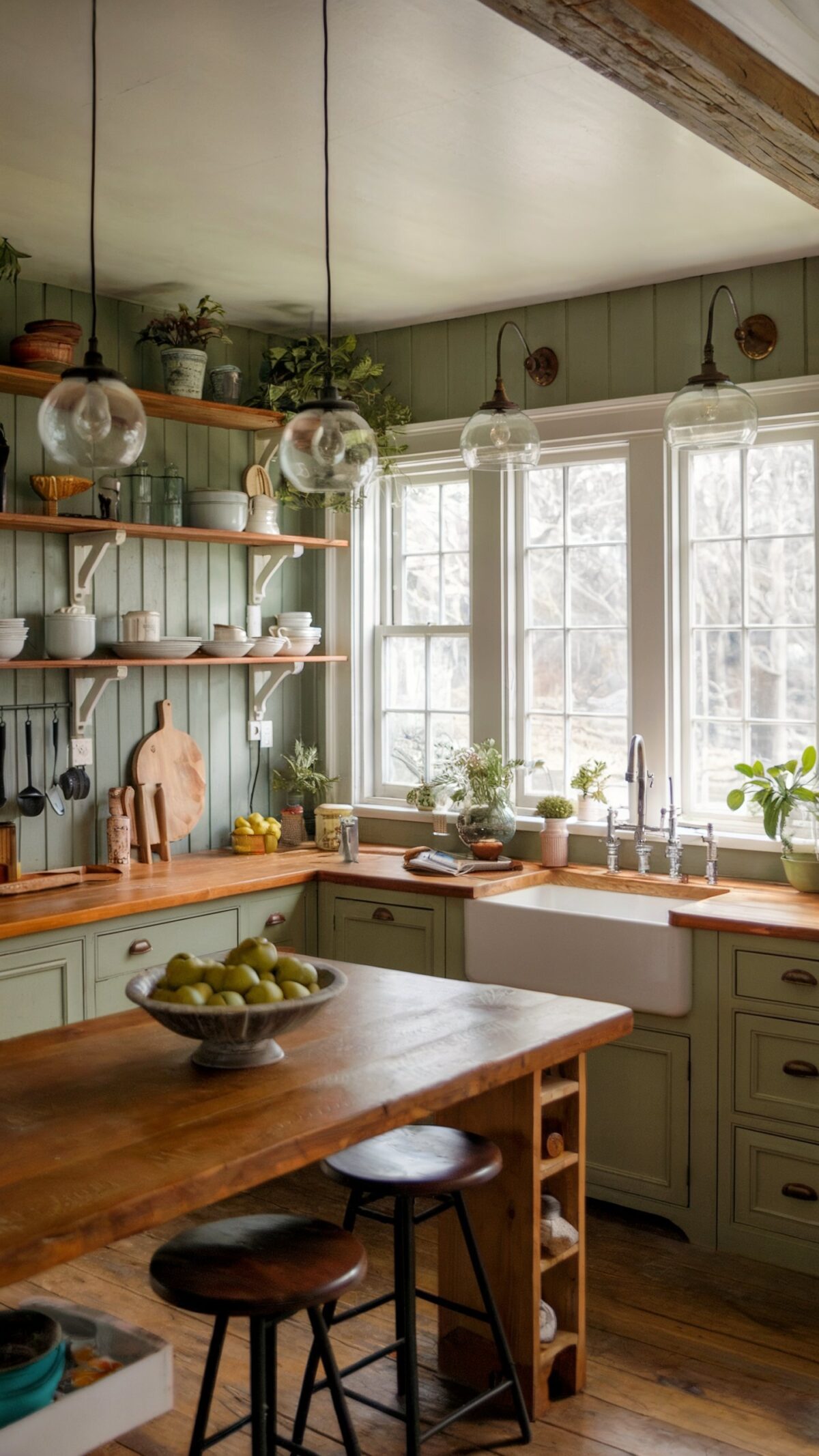 american country kitchen farmhouse style The kitchen is dominated by a muted green color palette