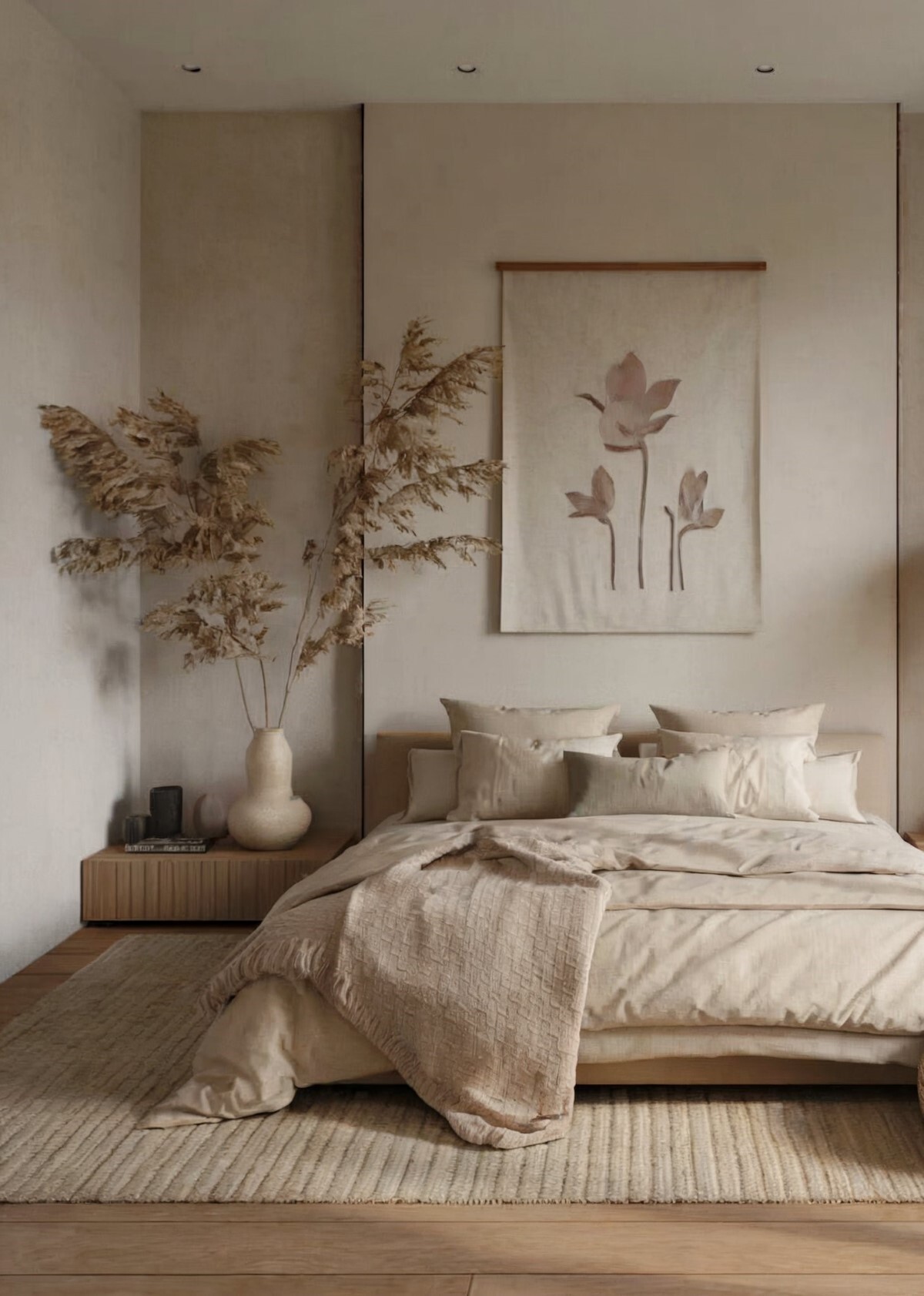 art deco interior design bedroom decorating ideas room with beige bedding, beige rug floor and muted earthy finish walls