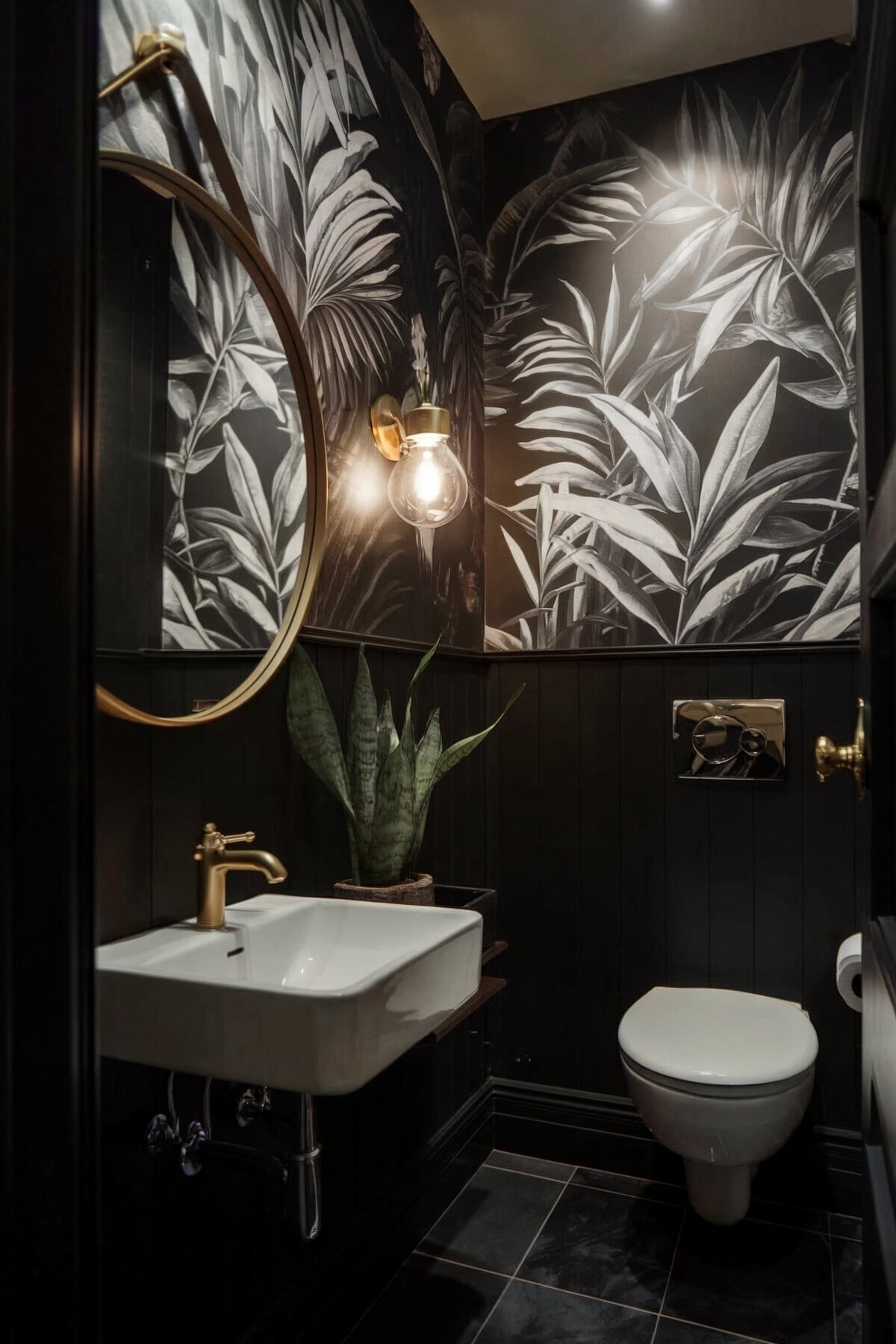 bathroom interior design ideas men black leafy wallpaper