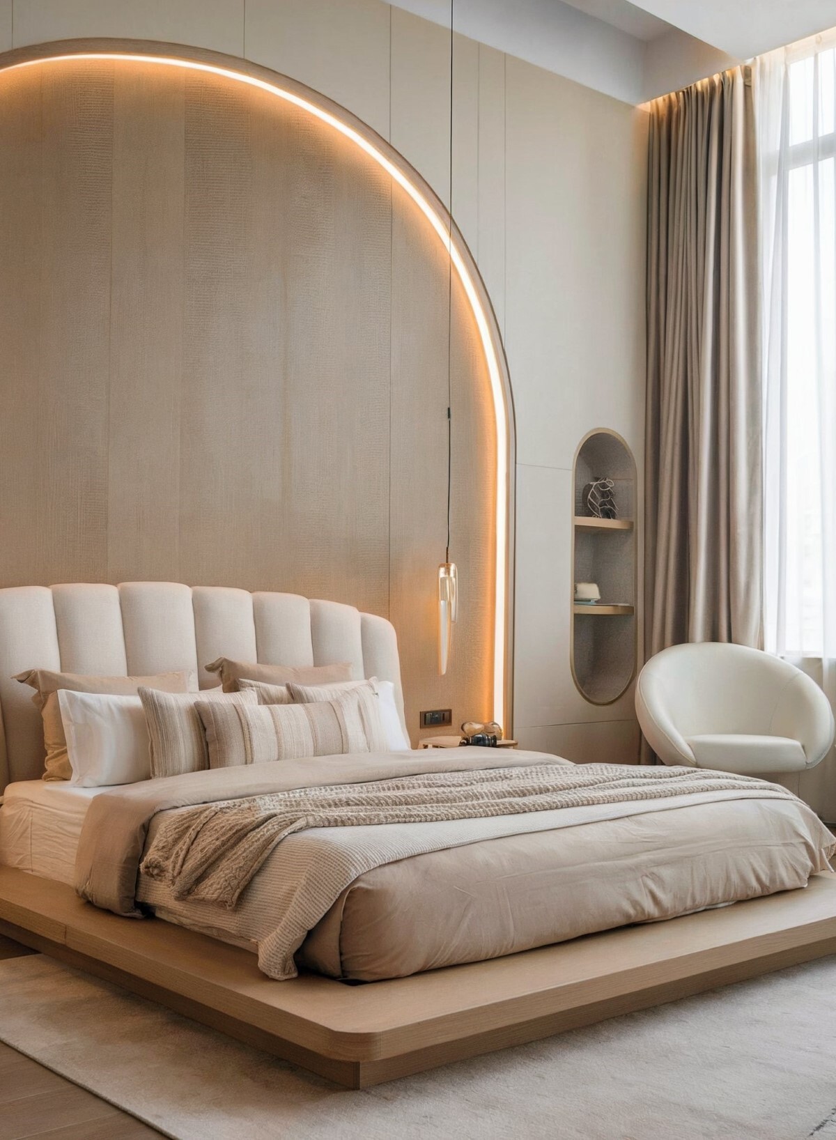 bedroom interior wall design ideas bedroom with a unique wooden wall arch with warm ambient lighting