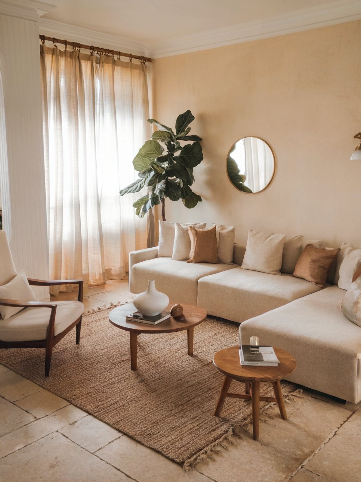 boho living room wall decor beige colored sofa positioned against a beige colored wall