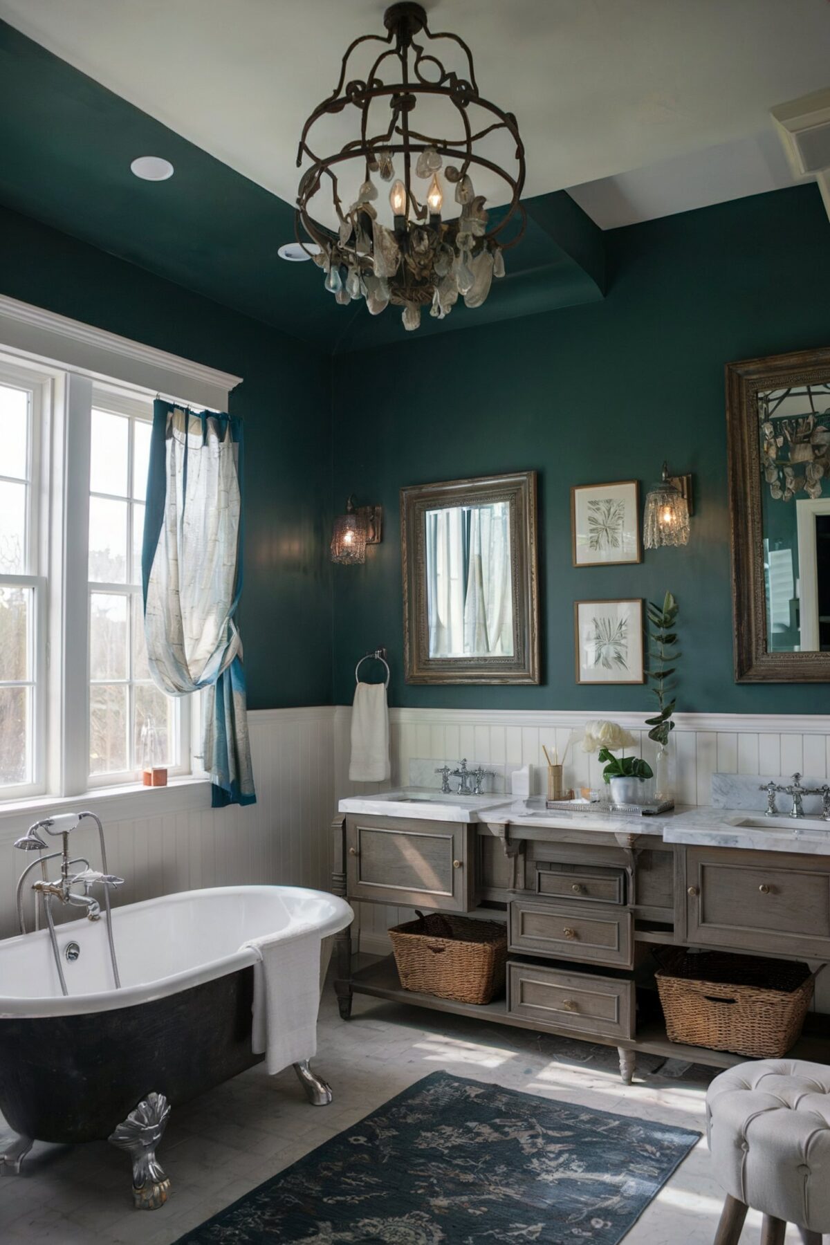 coastal and beachy bathroom tub tile ideas A photo of a sophisticated beachy bathroom interior with a deep green wall color