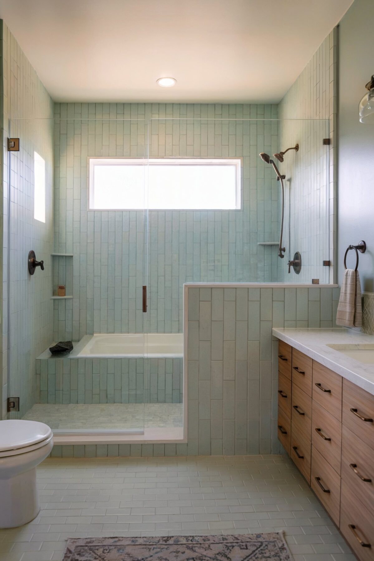 coastal and beachy bathroom tub tile ideas The walls are adorned with vertical green tiles, complemented by horizontal white tiles on the floor