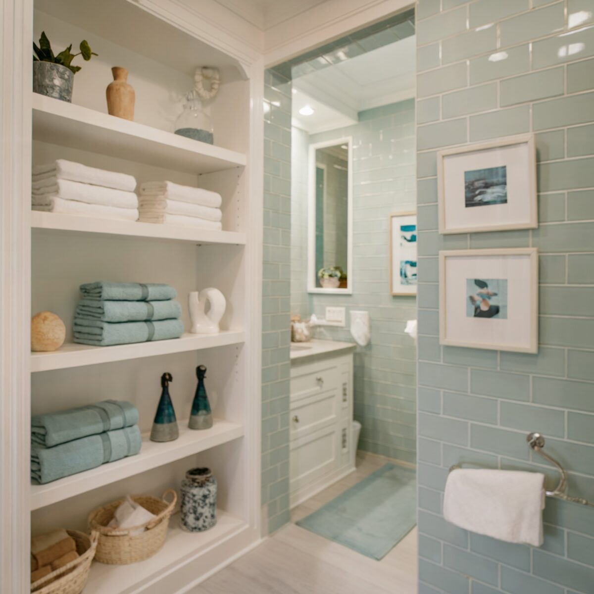 coastal bathroom tile inspiration The walls are tiled in a soft blue hue, and there are framed pictures on the wall