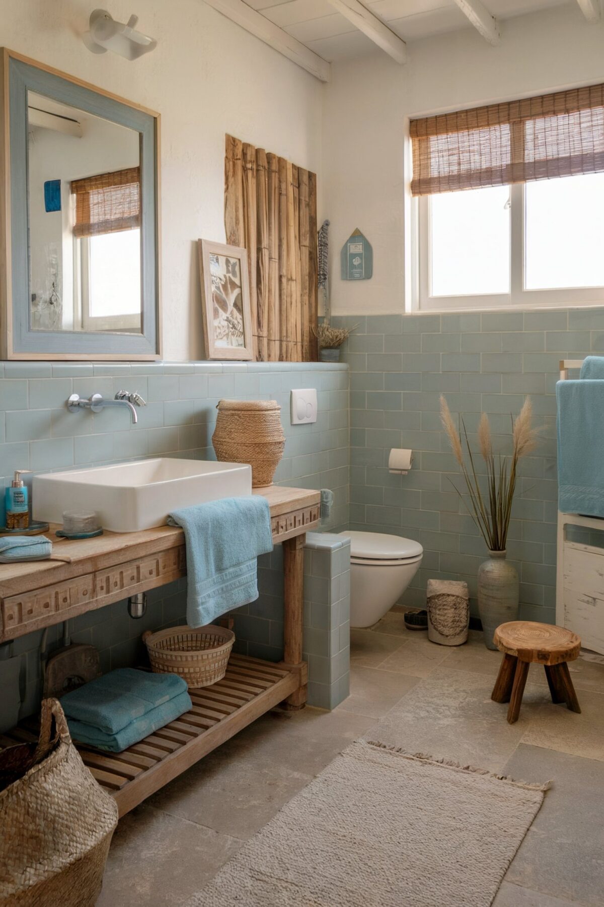 coastal bathroom with blue tile with a rustic and serene ambiance