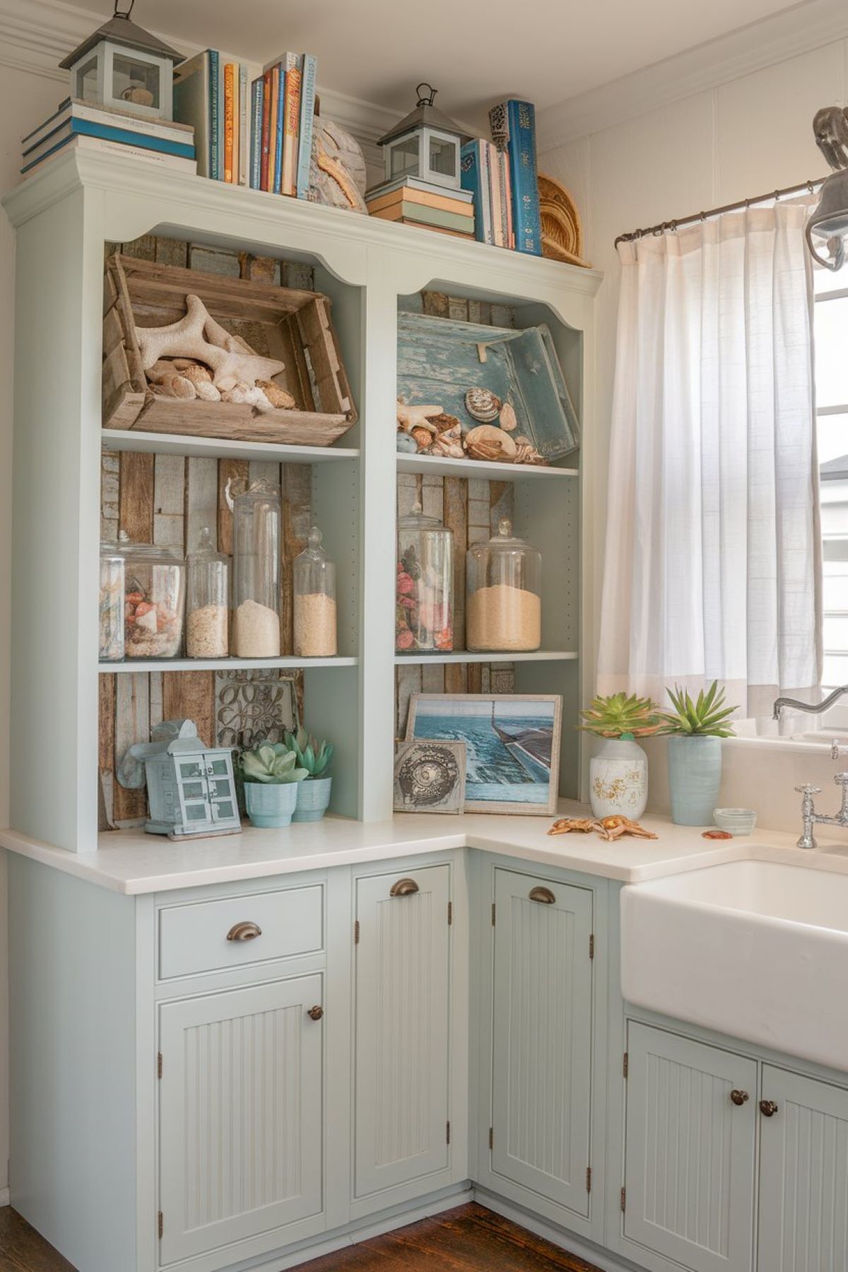 coastal decor on top of kitchen cabinets design