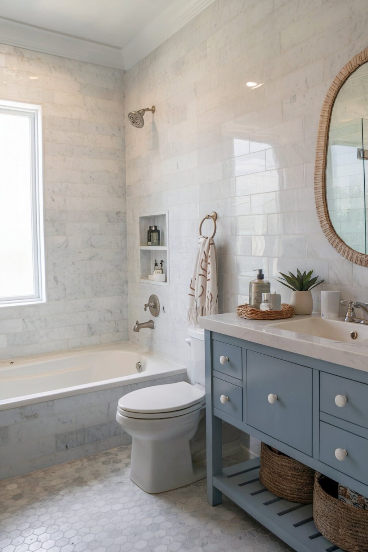 coastal guest bathroom tile with white marble tiles on the walls and floor