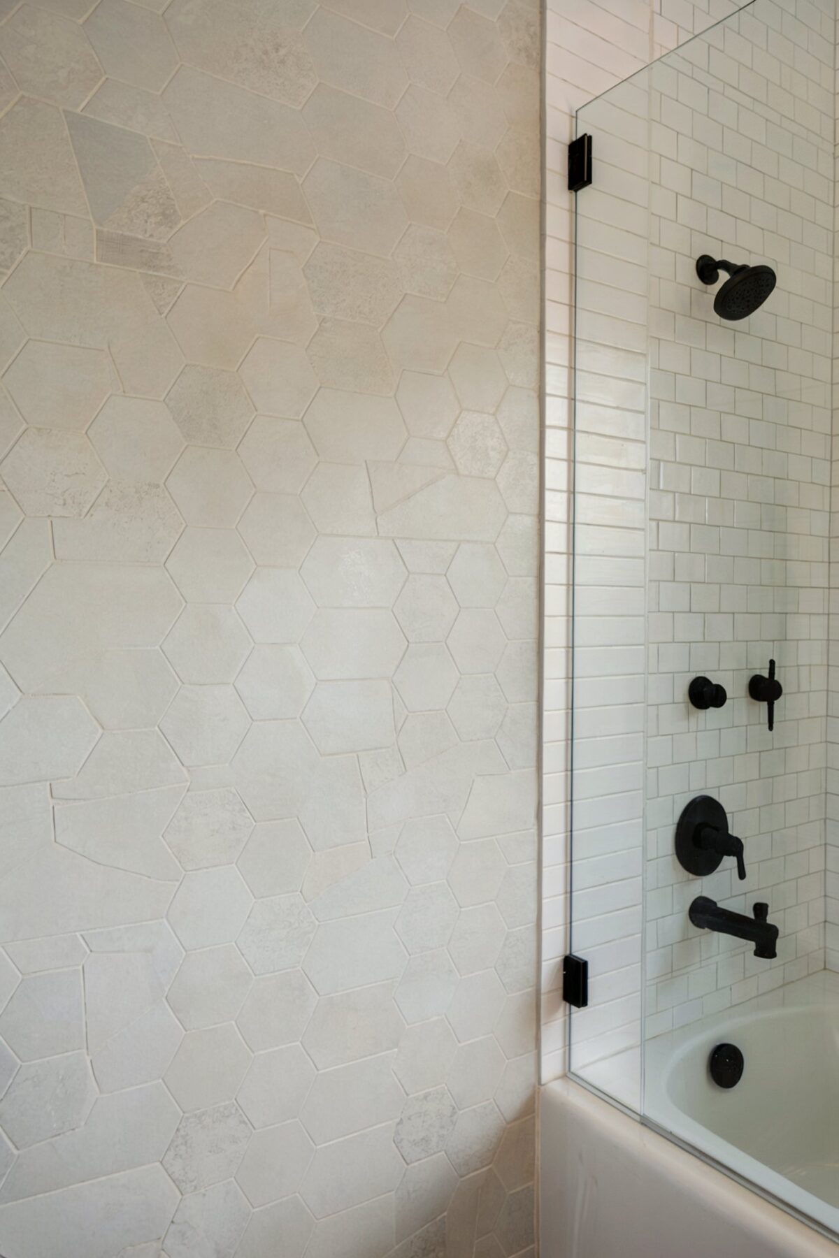 coastal hexagon bathroom tile with two distinct wall tiles