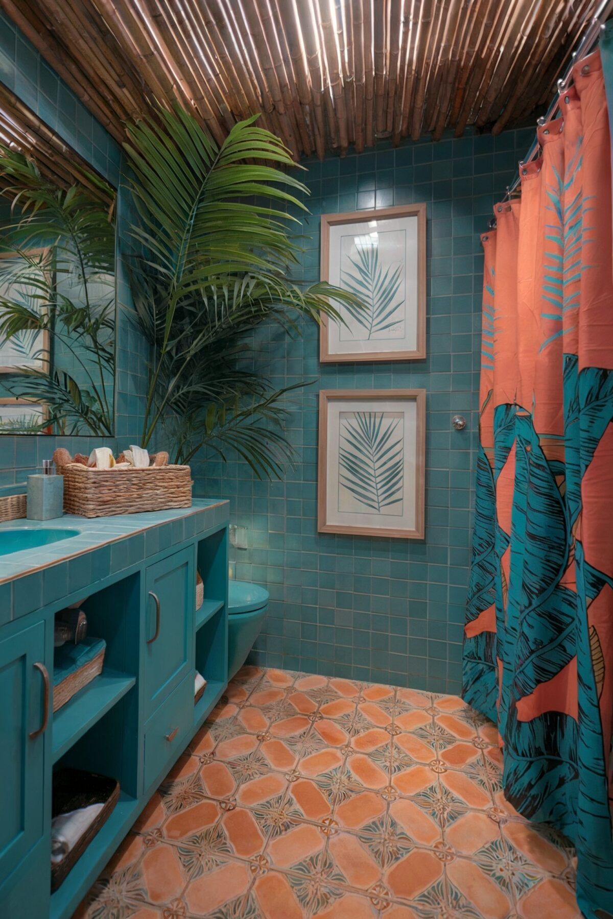 coastal inspiration bathroom tile The room is dominated by shades of teal and orange tiles