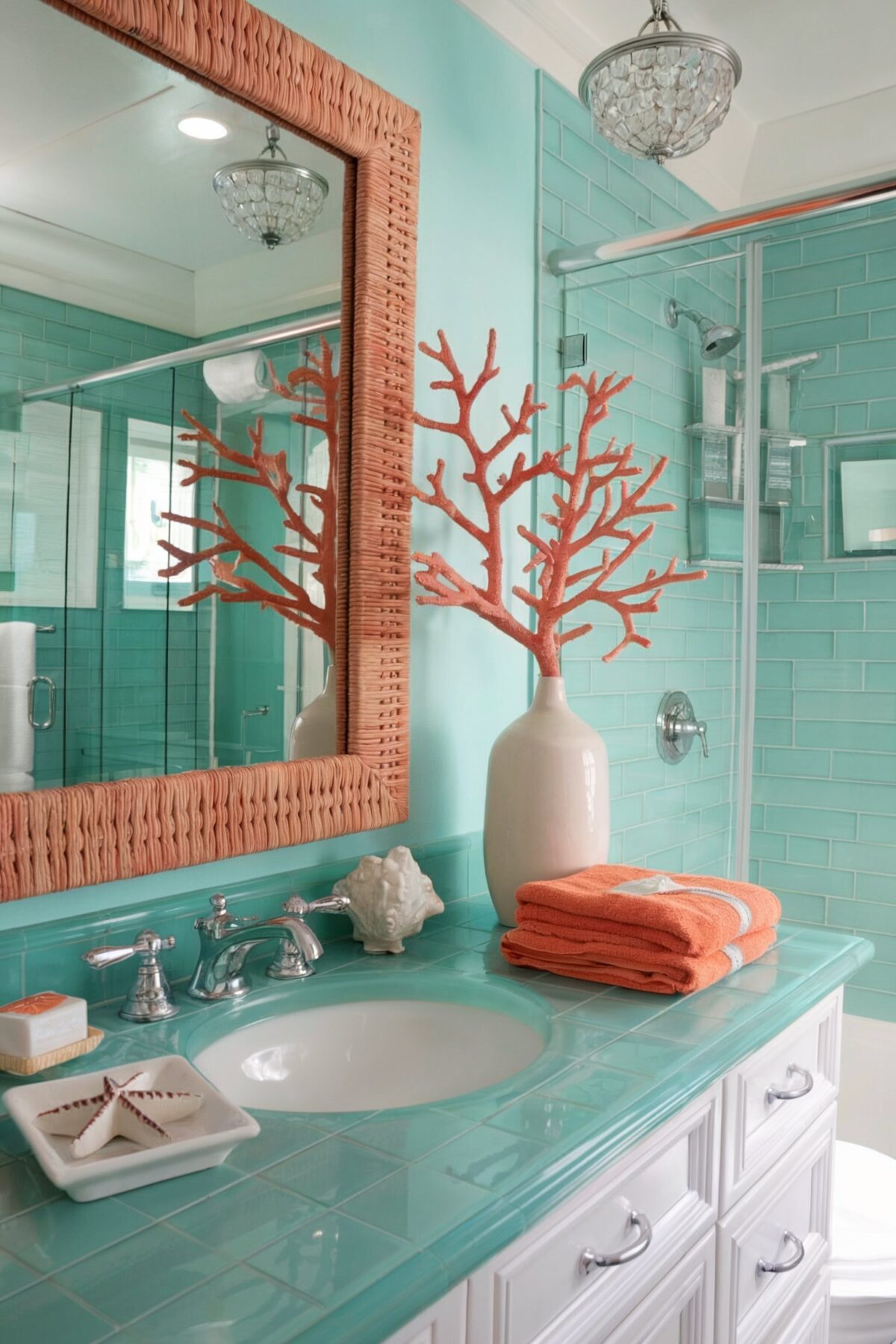 coastal inspiration bathroom tile with a turquoise colored theme