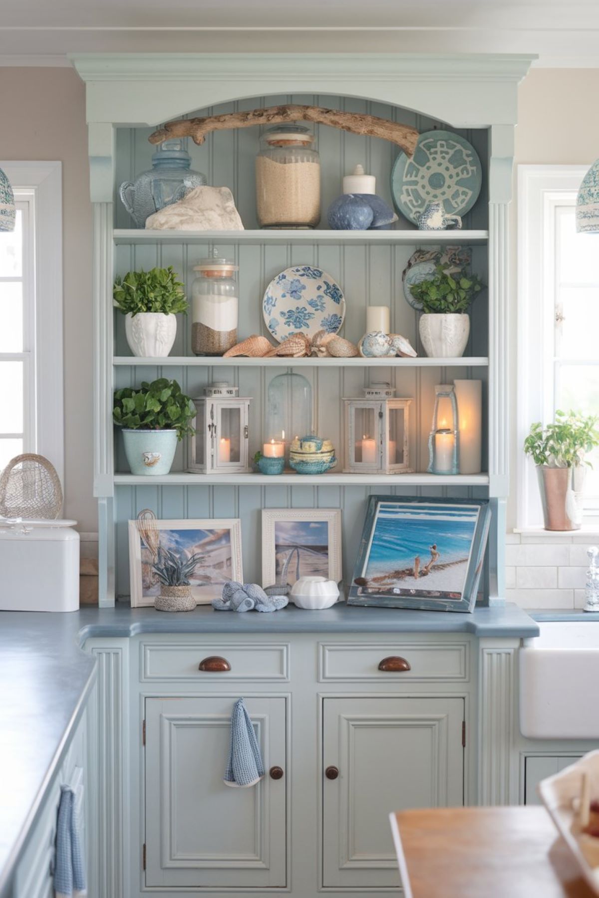 coastal kitchen hutch decor idea