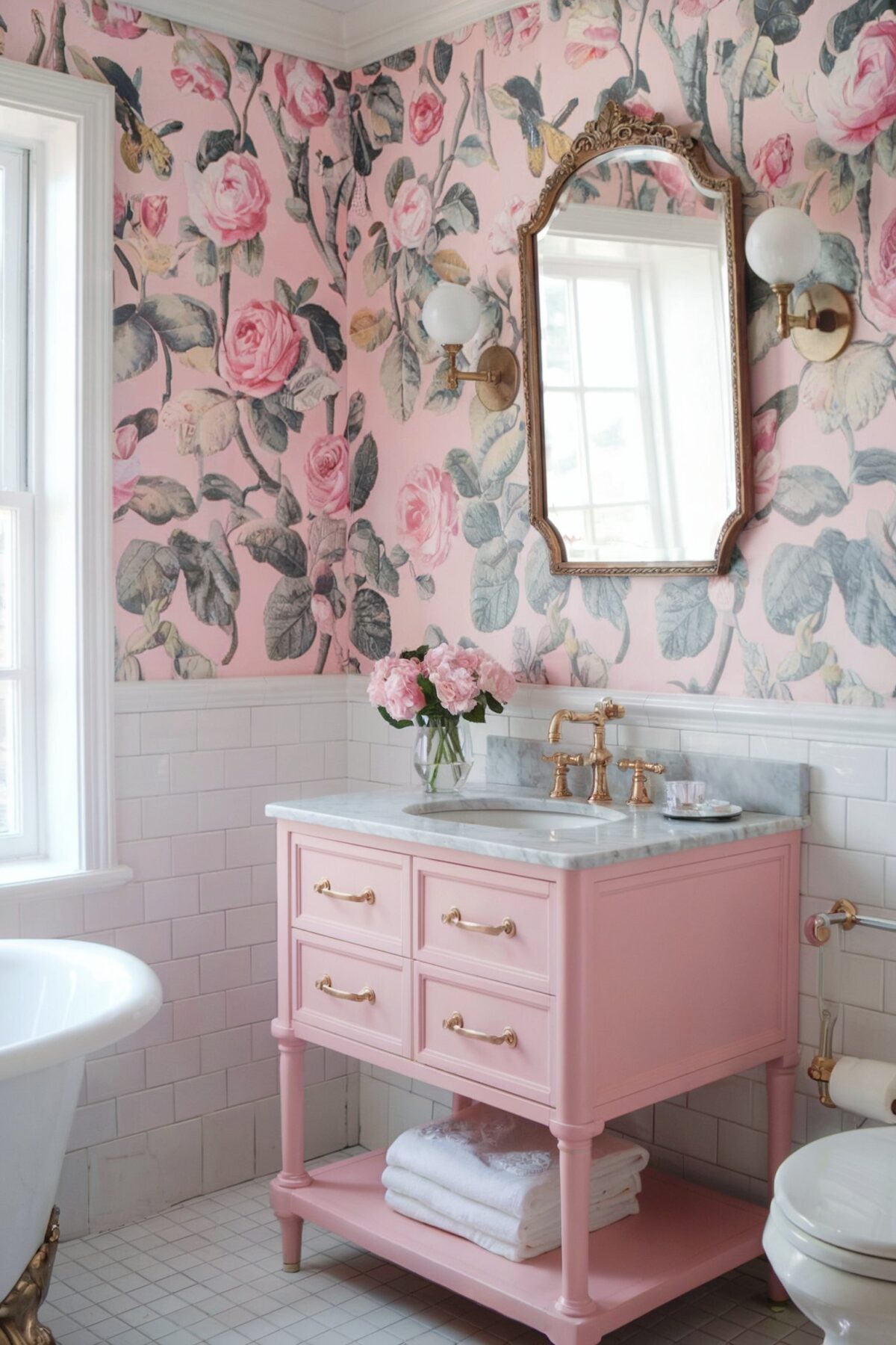 coastal pink tile bathroom A photo of a pink coastal bathroom with floral wallpaper featuring roses and butterflies