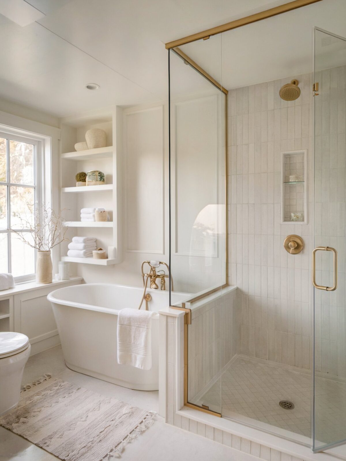 coastal small bathroom shower tile idea a shower area with light gray tiles and golden fixtures