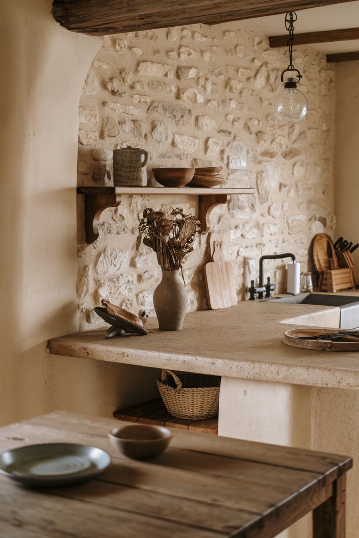 country farmhouse kitchen backsplash stone wall