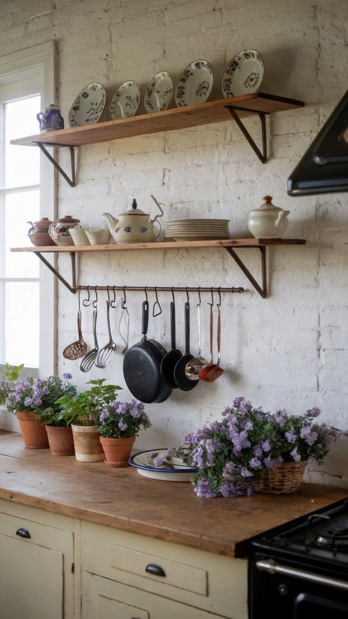 country kitchen designs farmhouse style old fashioned with a wooden countertop against a white, textured wall