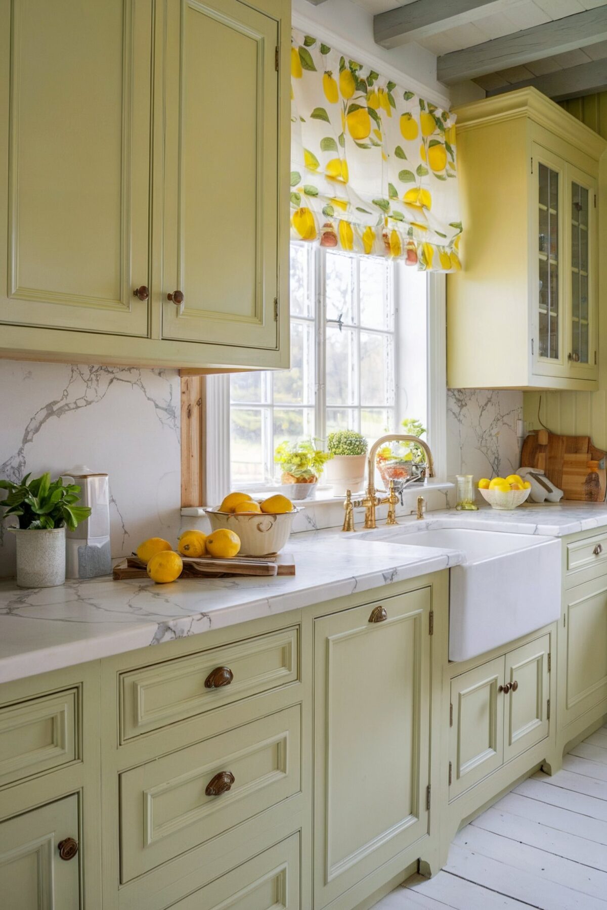 country kitchen ideas farmhouse style yellow complemented with muted green cabinets