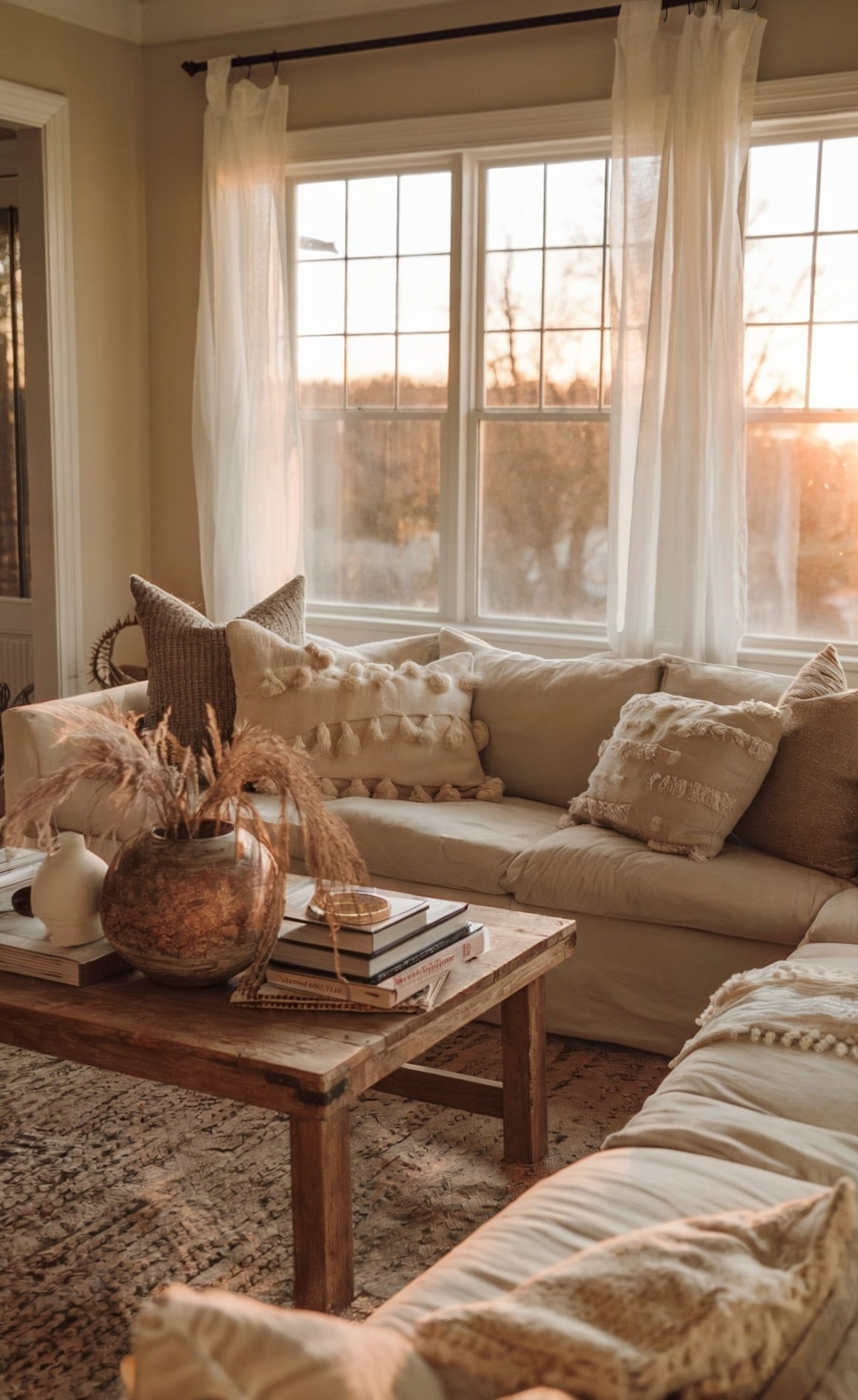 country living room design room with patterned rug floor illuminated by warm glow of the setting sun
