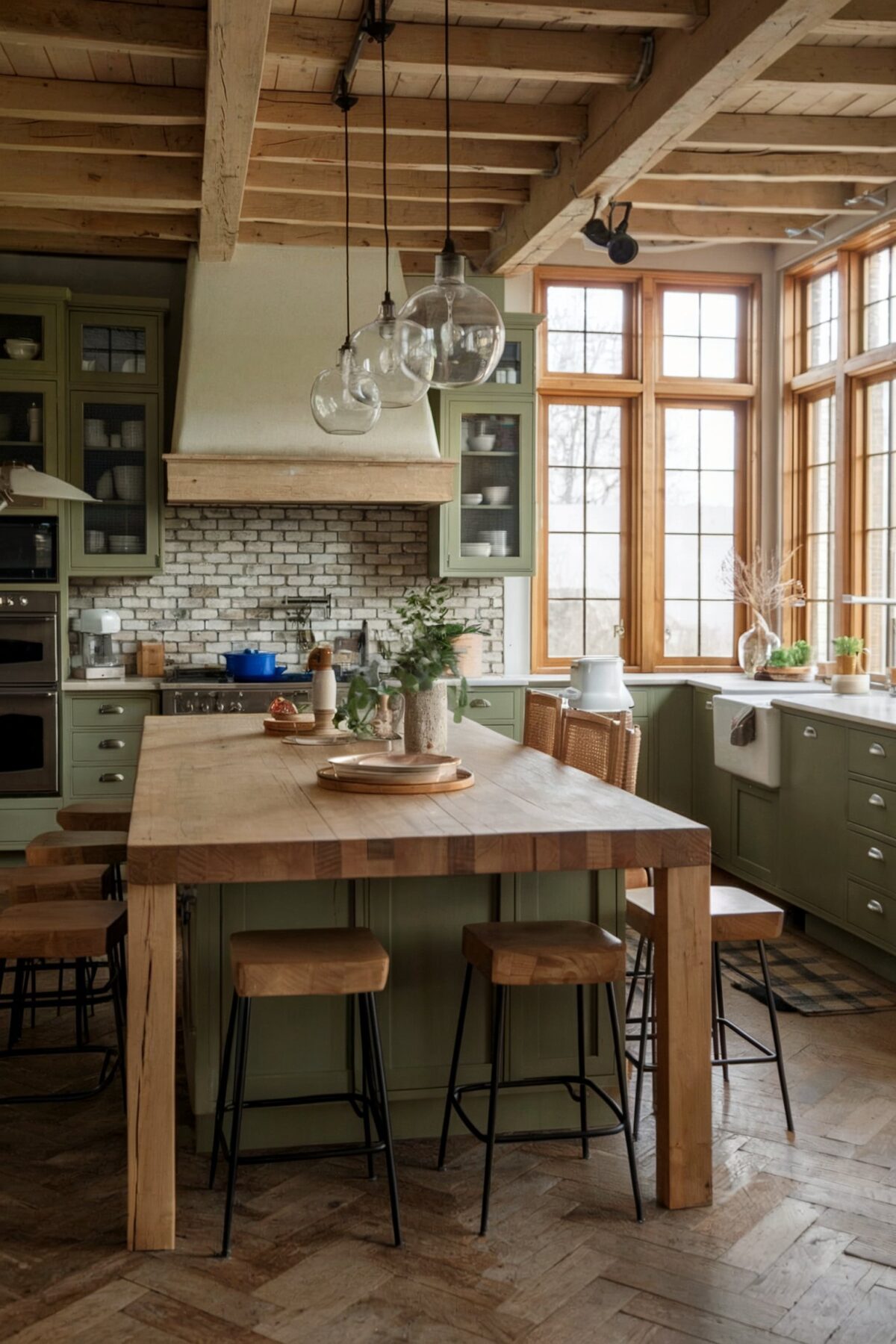 country style farmhouse kitchen with rustic elements and the floor is made of herringbone patterned wooden planks