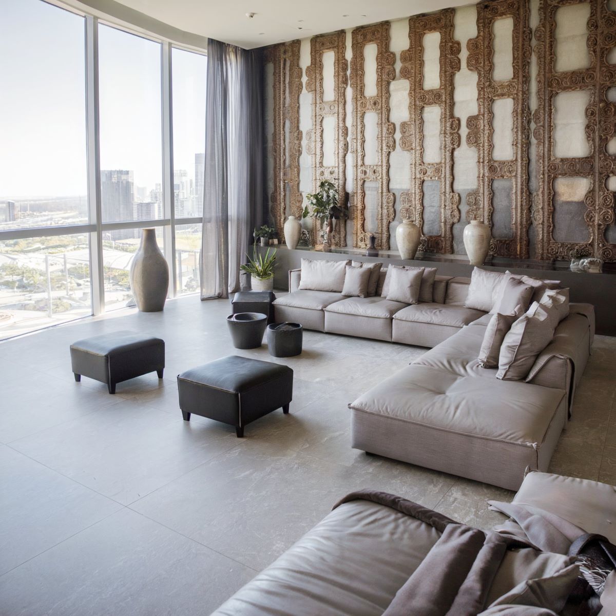 cozy living room design gray tiles