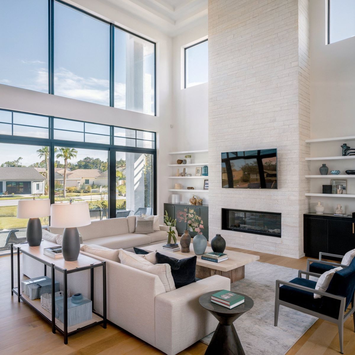 family room design with fireplace and tv