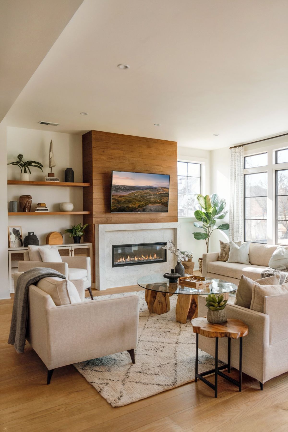 family room design with fireplace