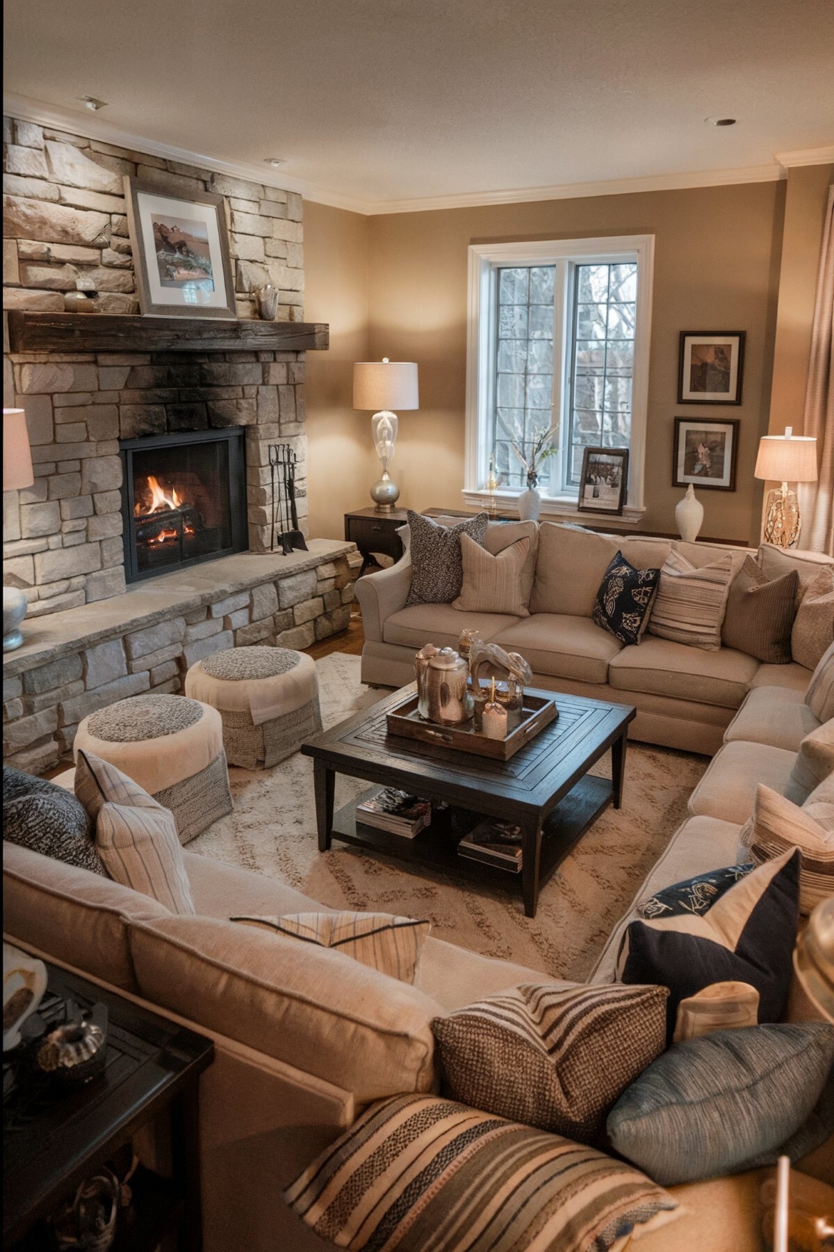 french country apartment living room design living room setting featuring a plush beige sofa and black wooden center table