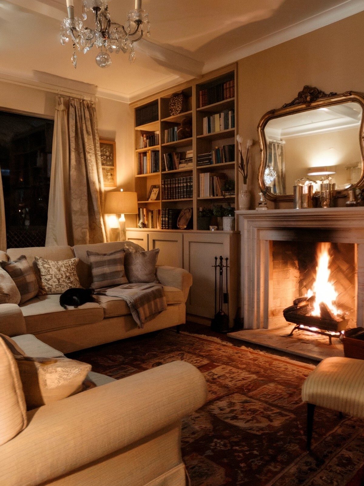french country living room design with fireplace cozy living room during nighttime featuring a plush sofa and a fireplace