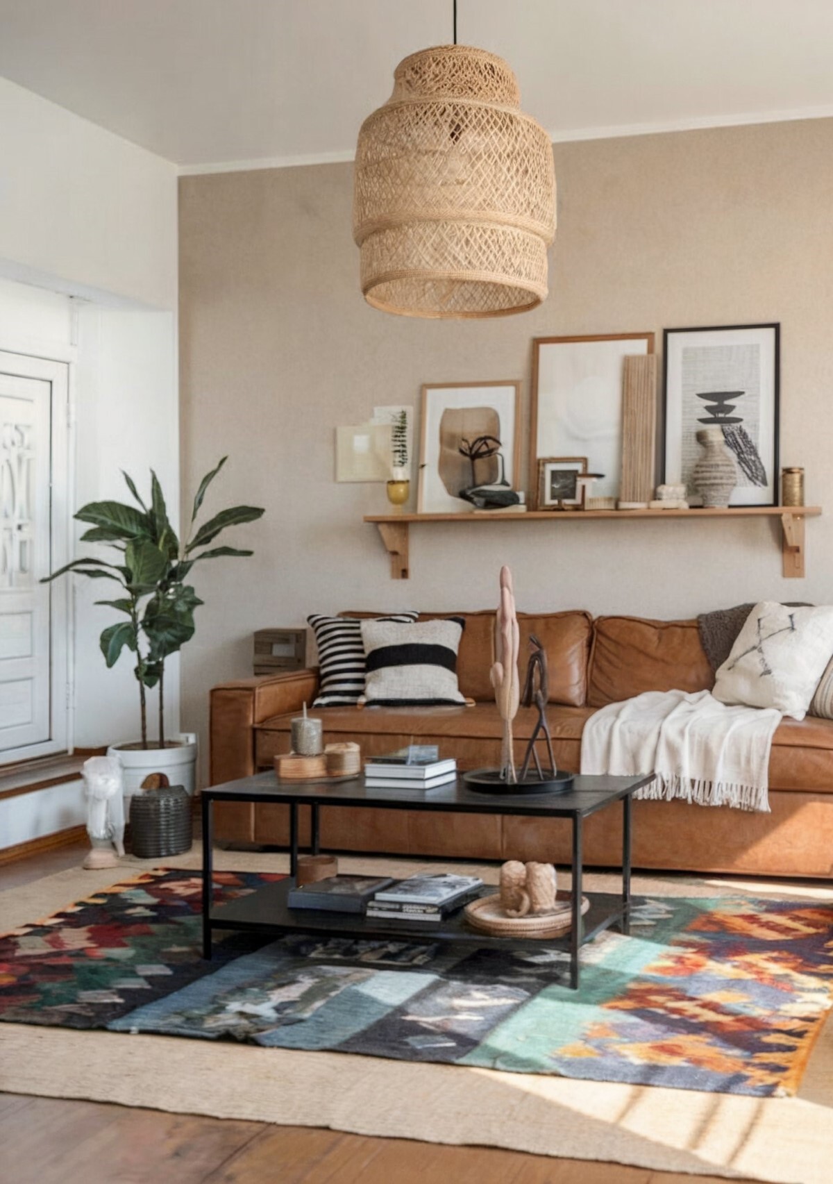 french country living room designs cozy boho living room with brown leather couch and woven pendant light