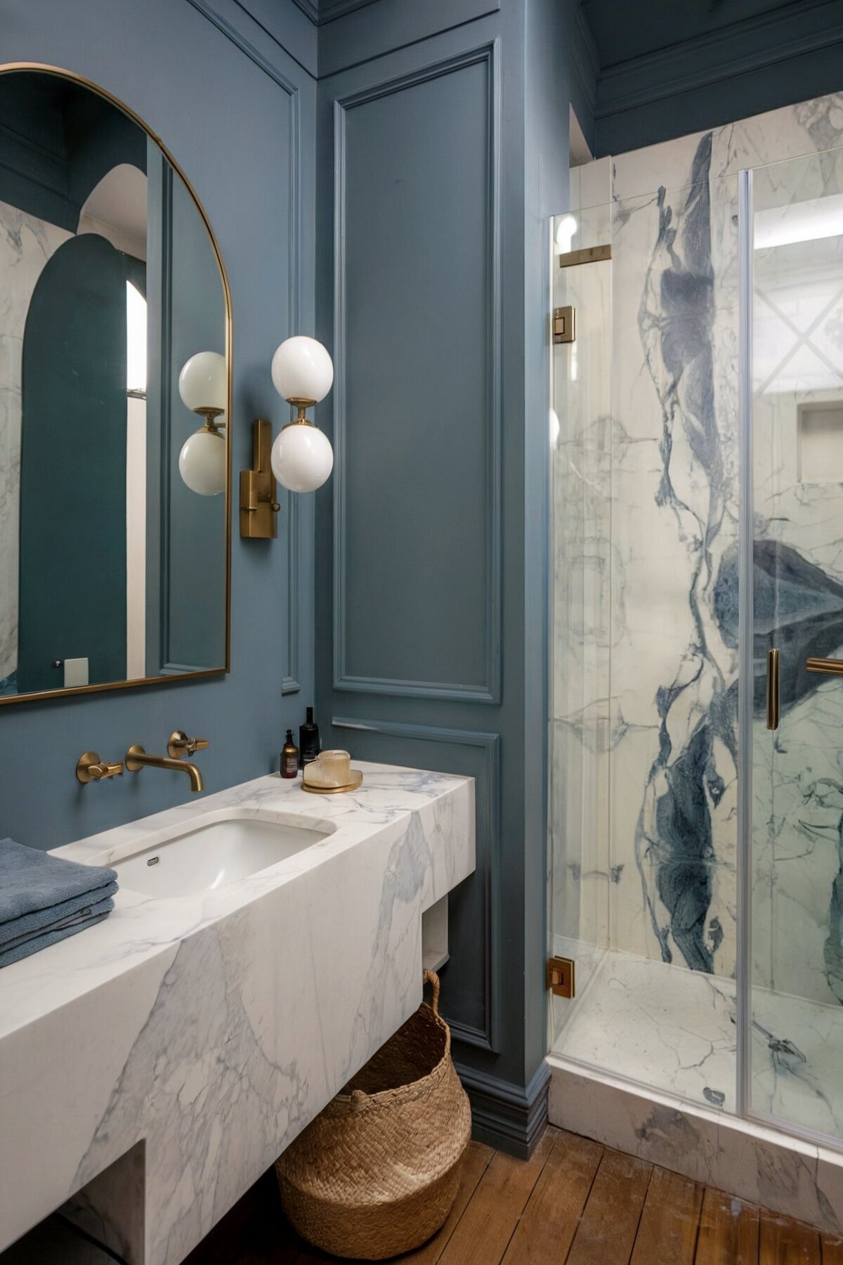interior design ideas bathroom (blue walls and blue marble shower wall)