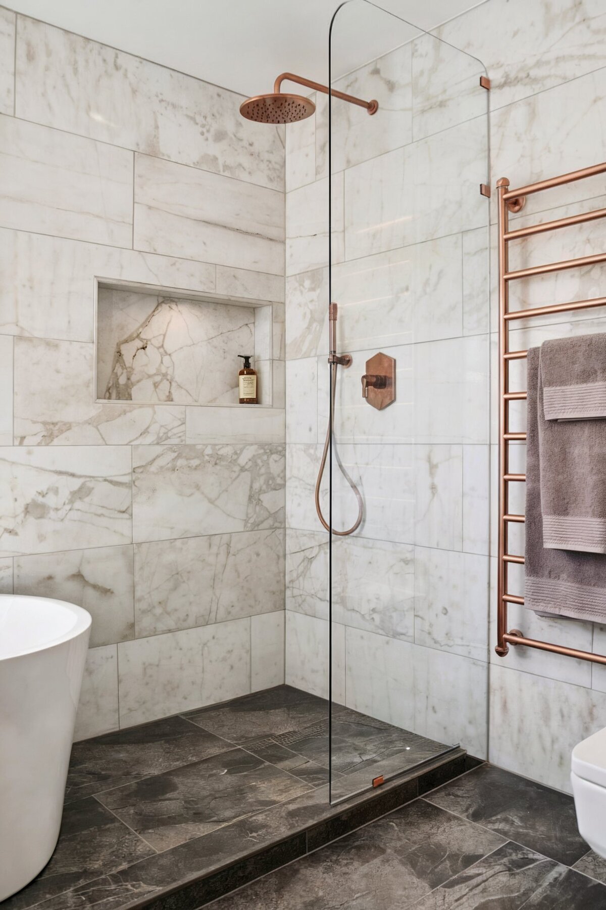 interior design ideas bathroom gray marble with touch of copper