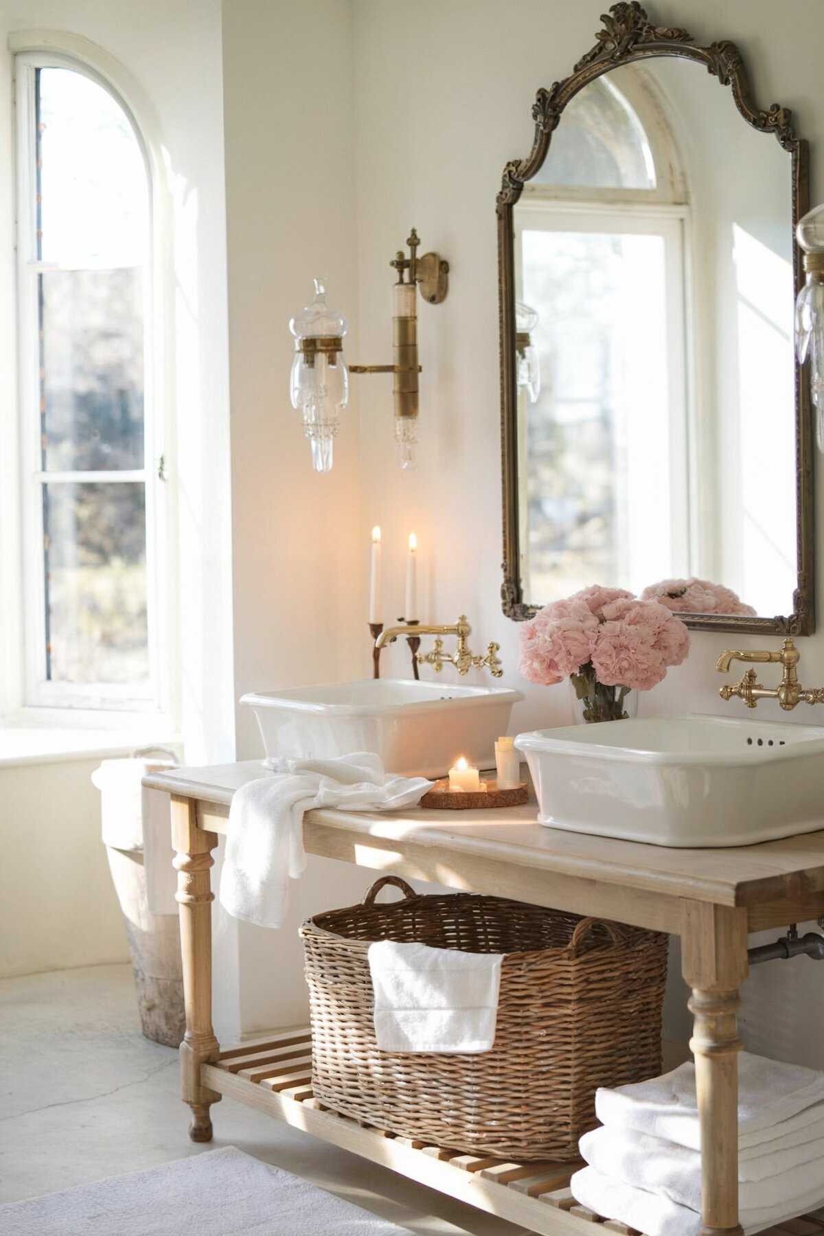 interior design ideas bathroom white vanity and open storage