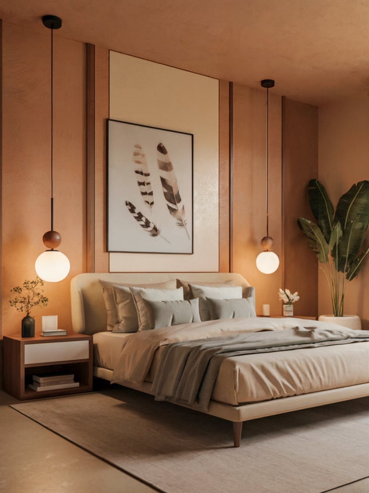 japandi bedroom interior design ideas bedroom with warm earthy tone featuring a potted plant