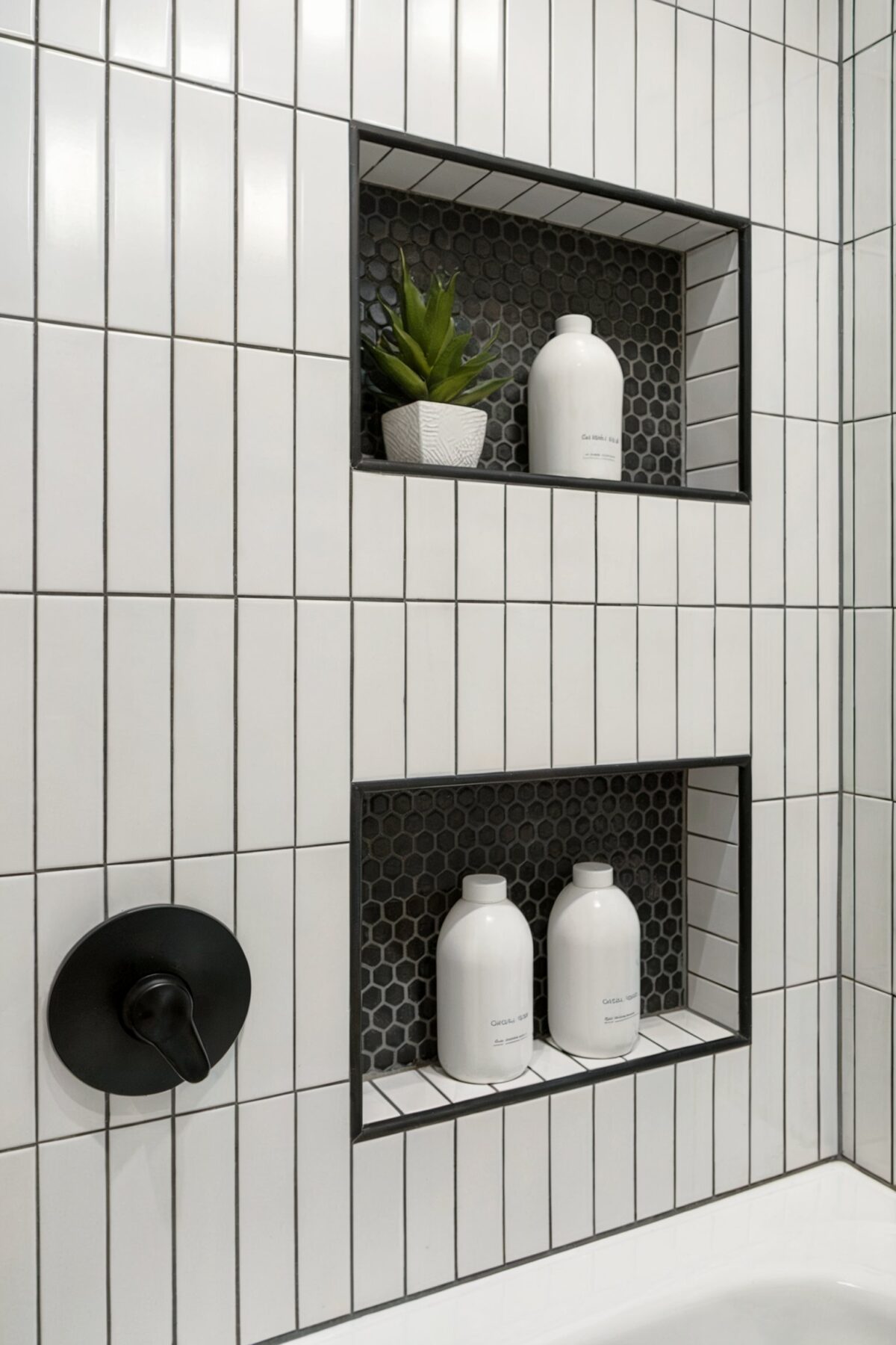 kids bathroom black white tile