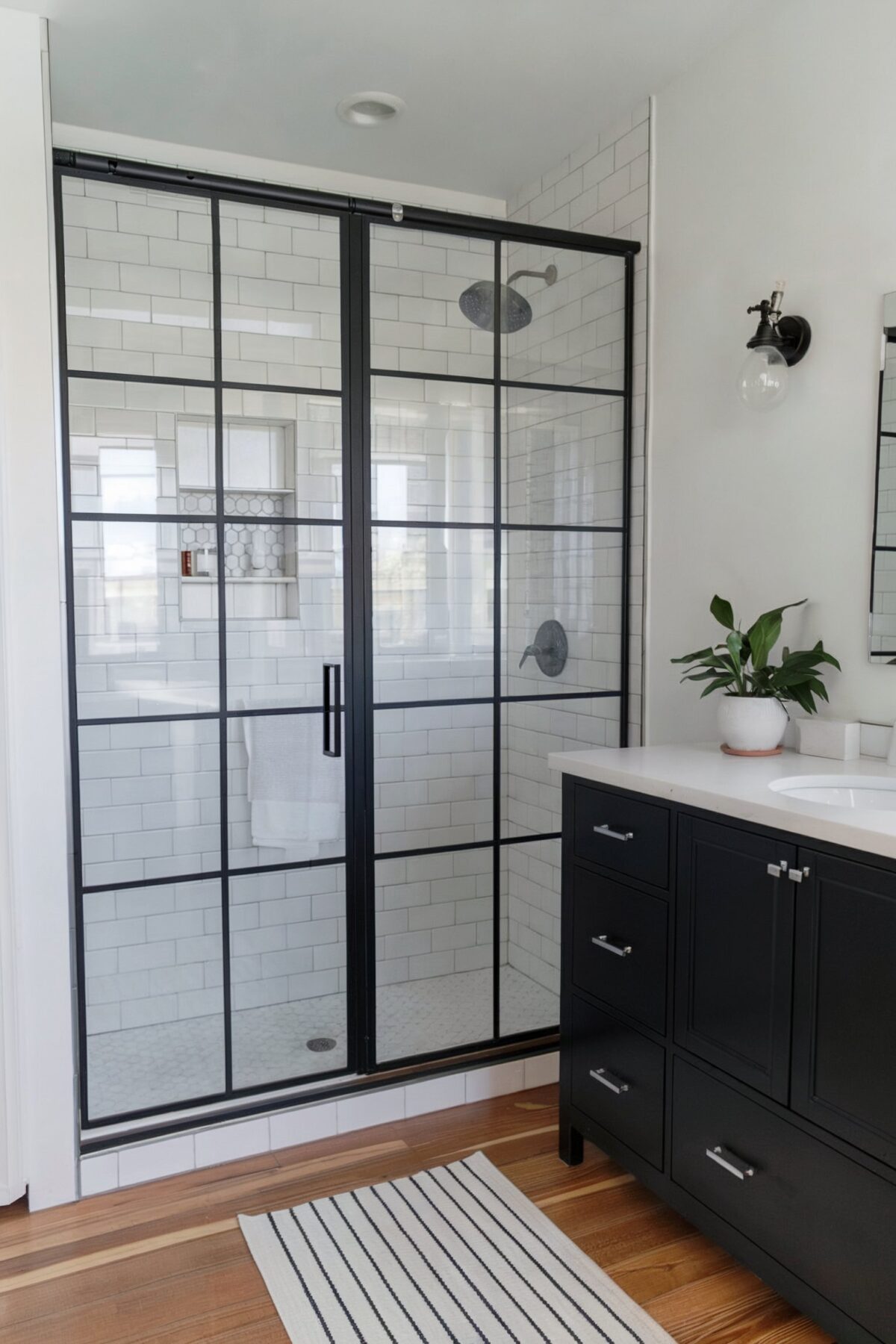 kids bathroom with black and white tile
