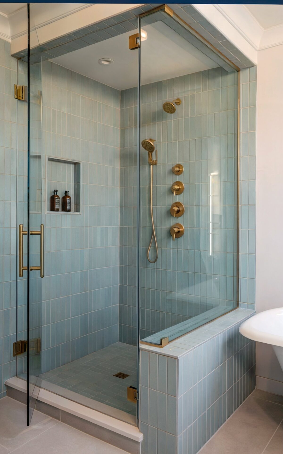 matching coastal floor and shower bathroom tile A glass door with a golden handle leads into the shower area having a matching tiles with the floor and golden fixtures