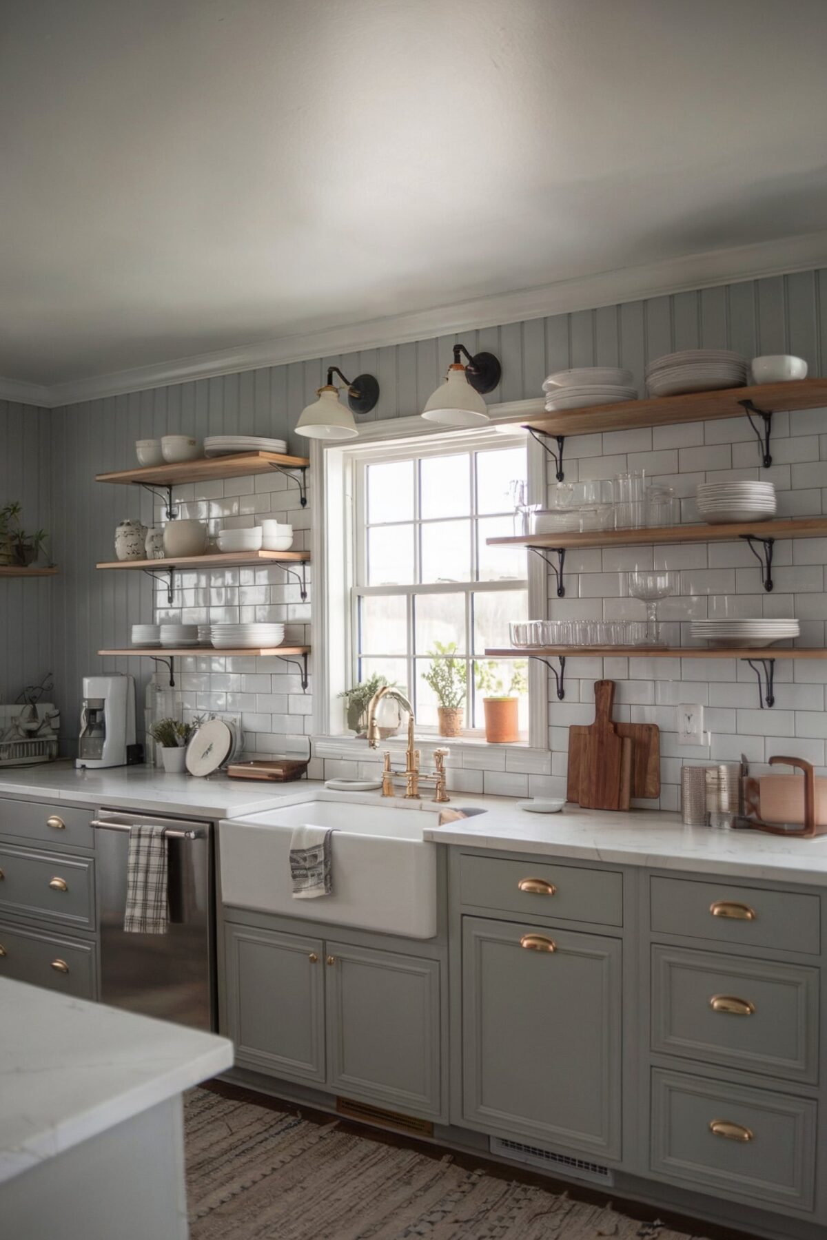 modern country style kitchen farmhouse with muted grays and whites as the dominant colors and Open wooden shelves are mounted on the wall