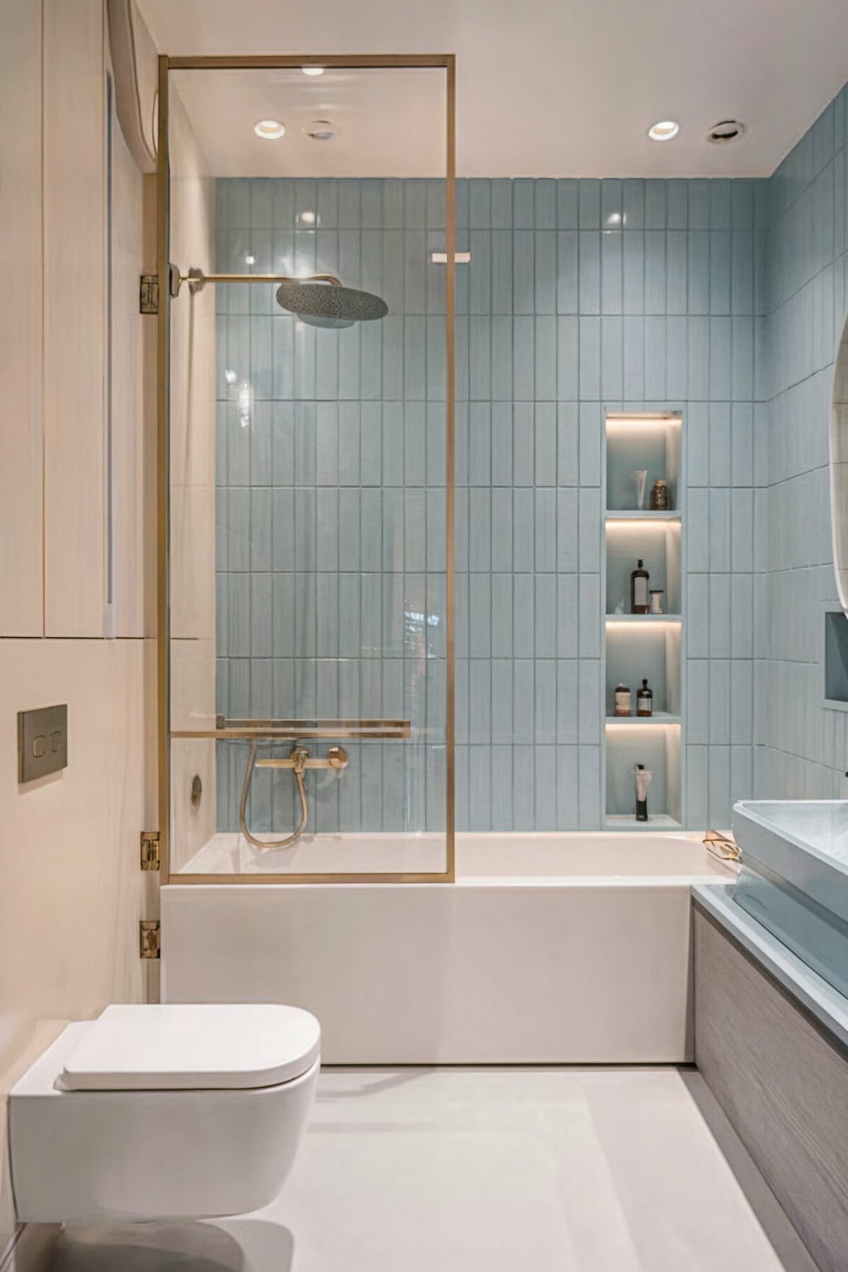 modern kids bathroom tile behind mirror