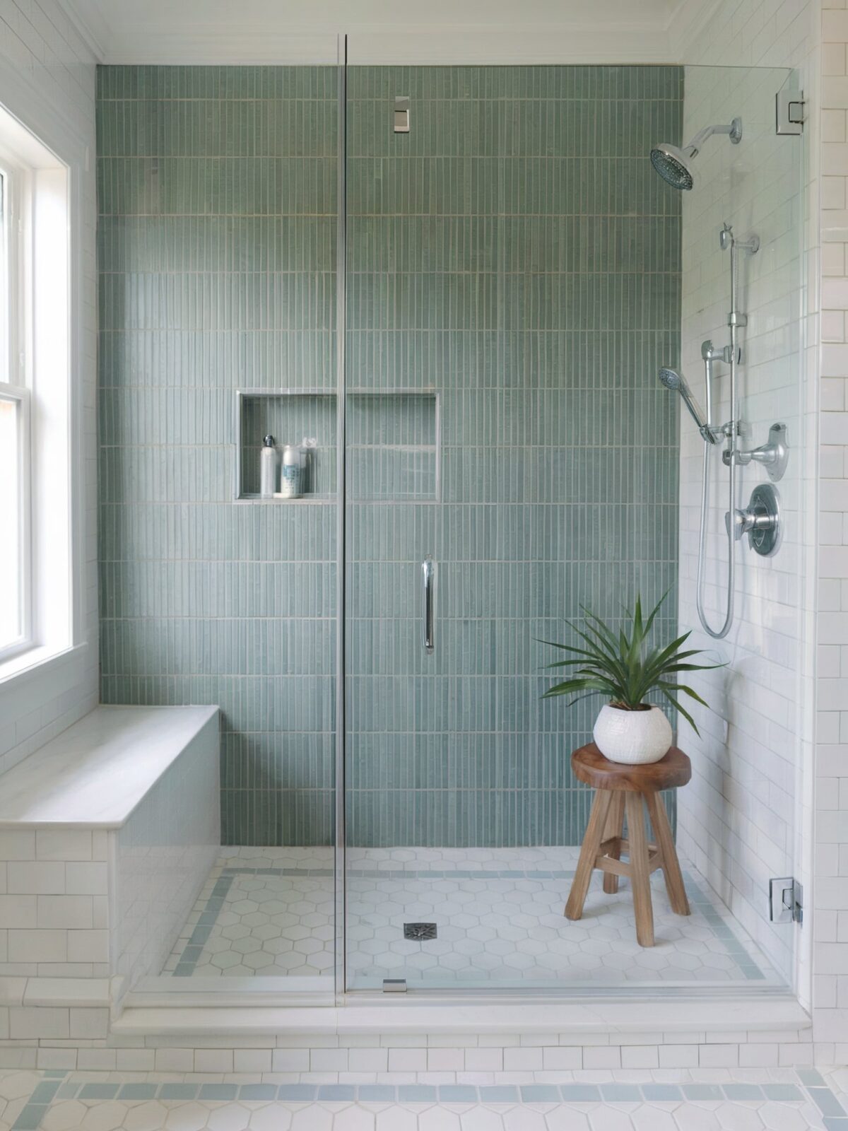 neutral coastal bathroom tile with a prominent green vertical striped wall tile