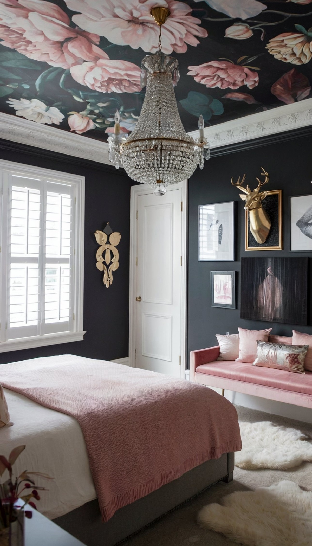 romantic bedroom ideas for valentines interior design bedroom with overall dark and pink color palette featuring a floral ceiling design