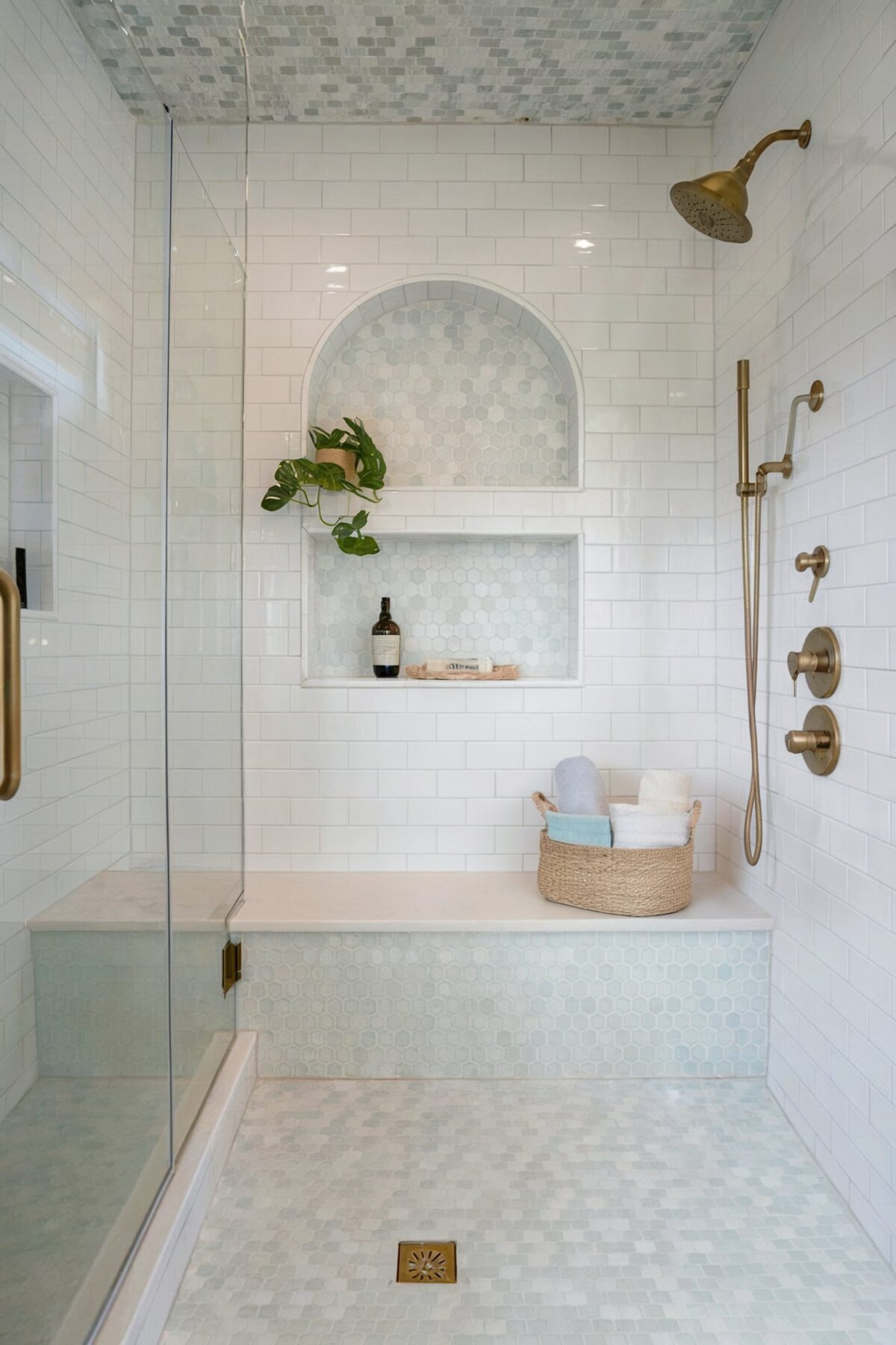 small bathroom shower tile ideas coastal with ceiling and floor featuring a mosaic of small blue hexagonal tiles