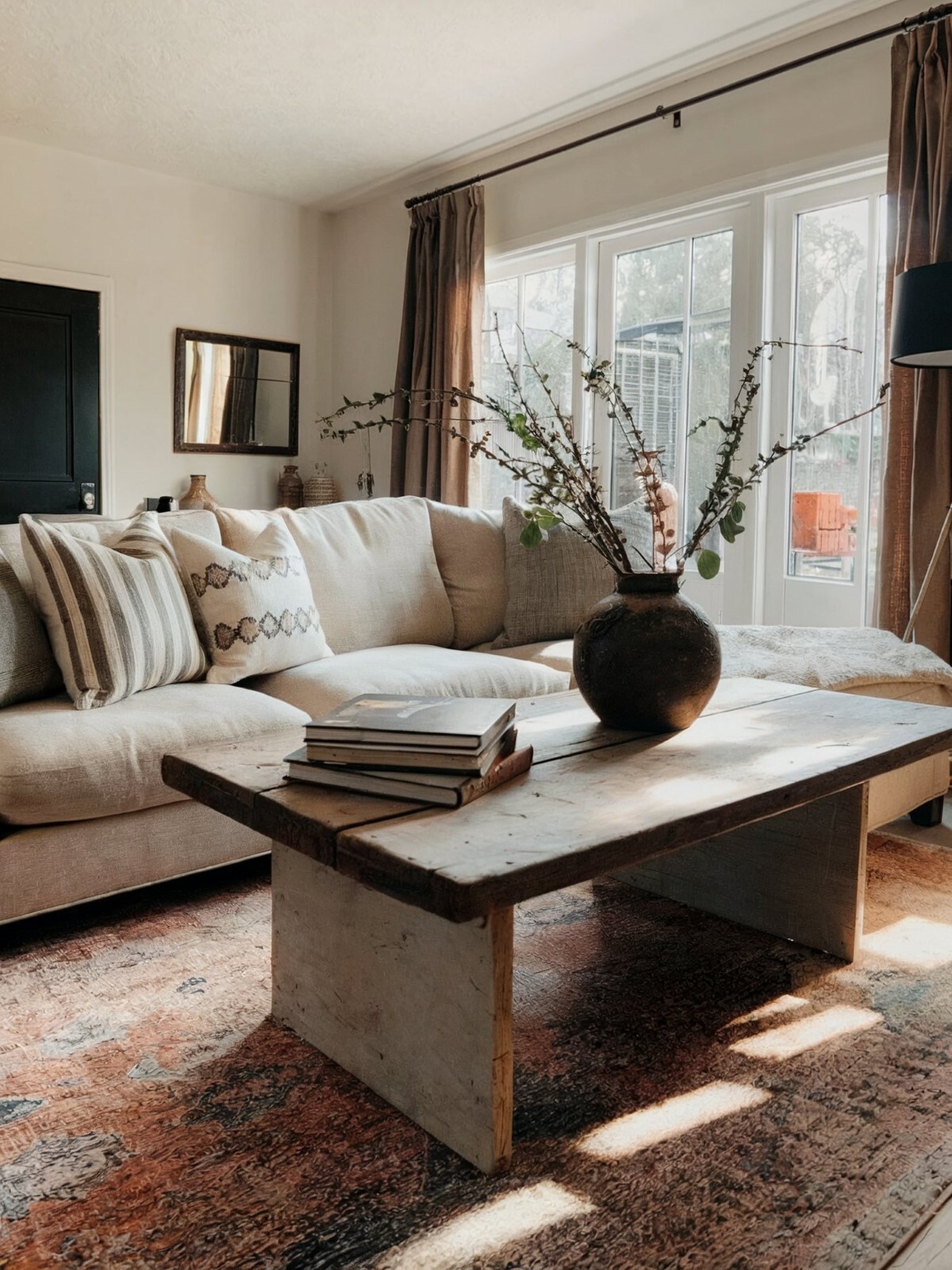small country living room decor ideas living room with beige colored sofa and rustic wooden coffee table