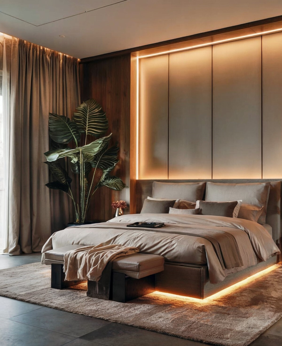 small luxury bedroom ideas interior design room with wooden panel wall that has a warm, ambient lighting