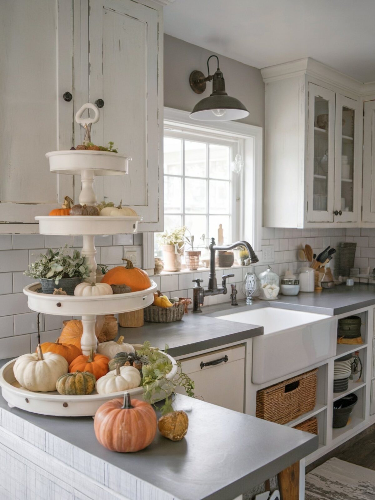small white country kitchen farmhouse style kitchen with distressed white cabinets, a gray countertop, and a subway tile backsplash