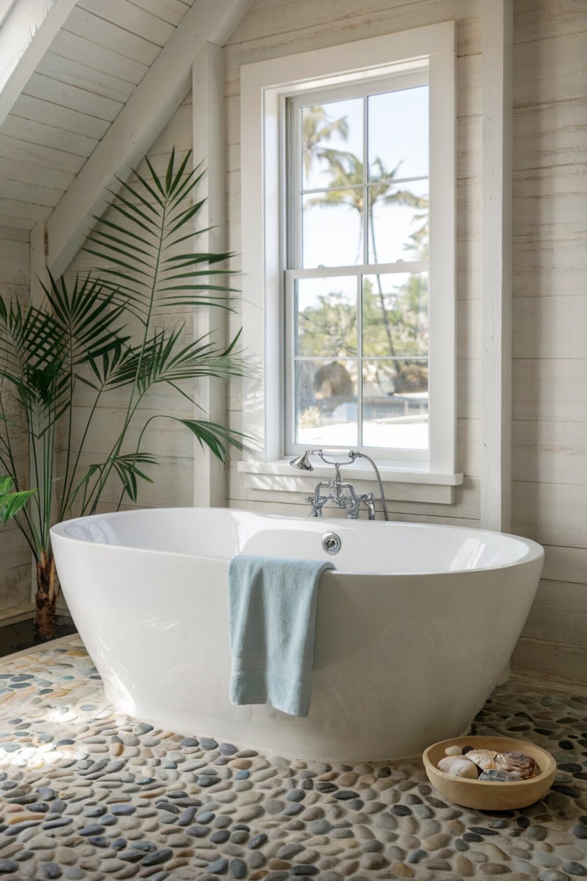 with a prominent green vertical striped wall tile The bathtub is surrounded by a mosaic of multicolored pebbles
